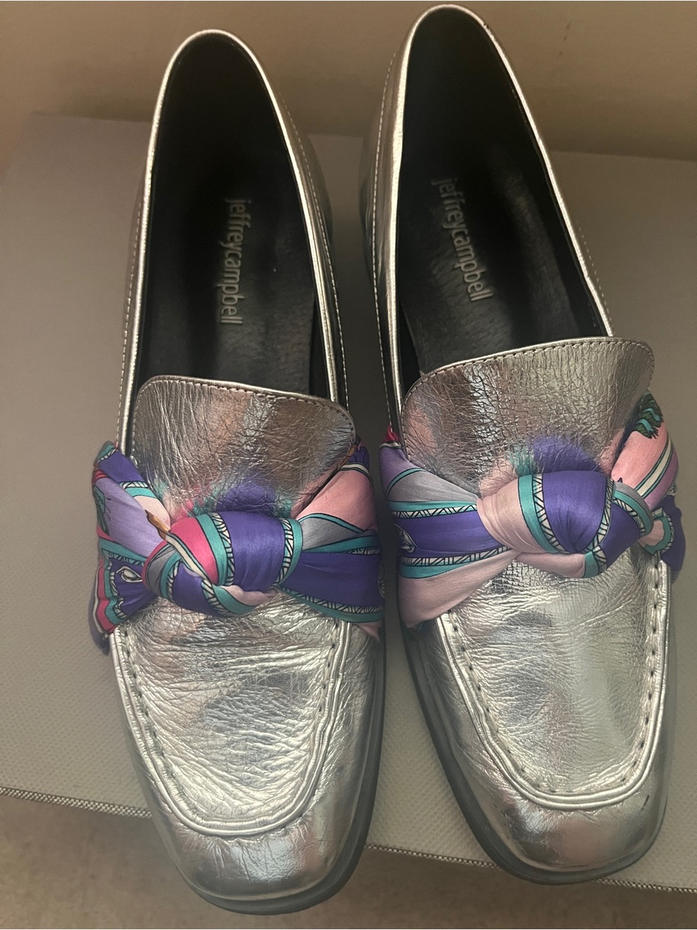 Jeffrey Campbell Silver Metallic Loafers with Purple and Pink Scarf Knot Size 8
